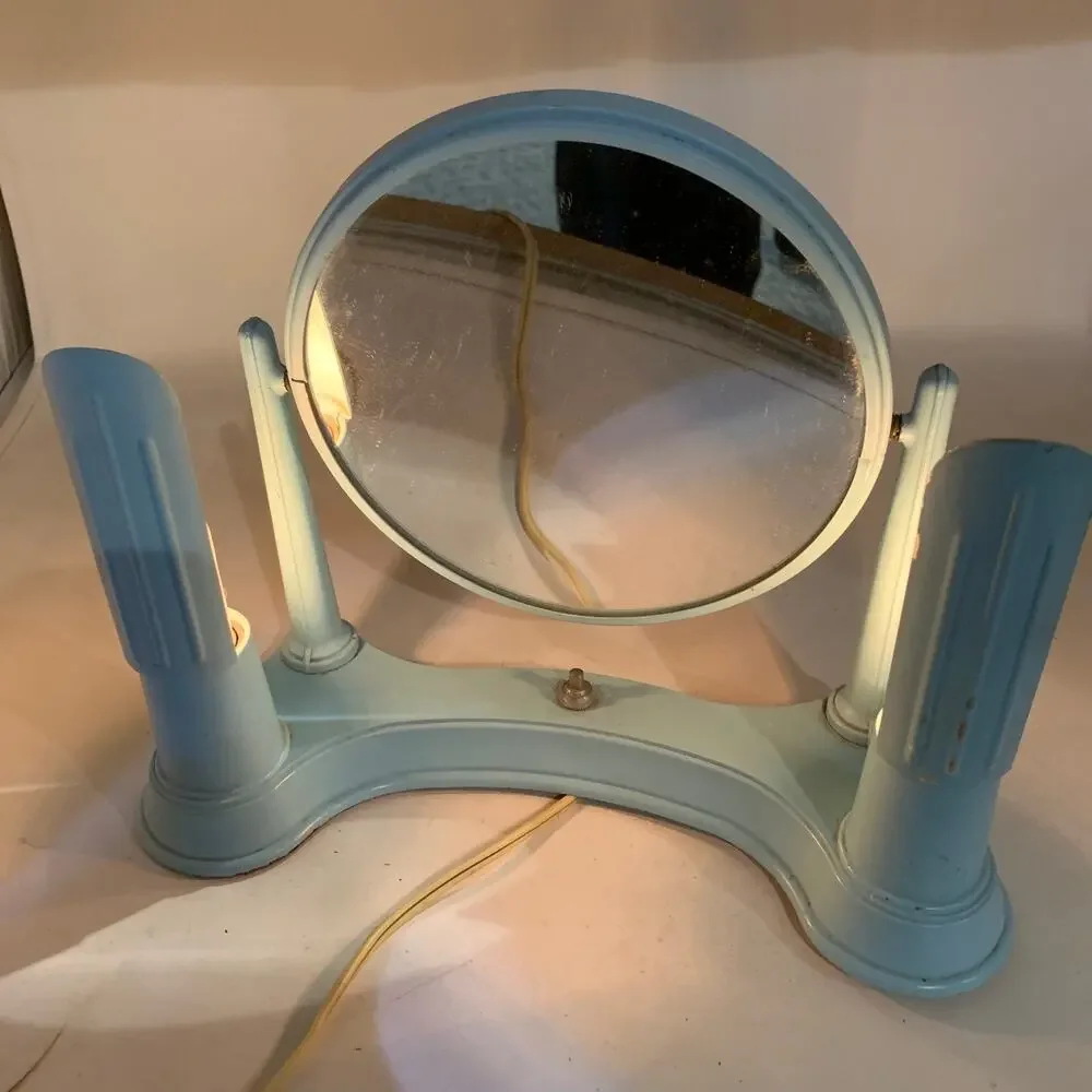 Vintage Bel Ayre Art Deco Boudoir Vanity Mirror Lighted Makeup Powder Blue